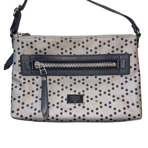 Fossil Dawson Polka Dot Crossbody Bag Purse Gray Navy Mustard Adjustable Strap - Picture 3 of 16